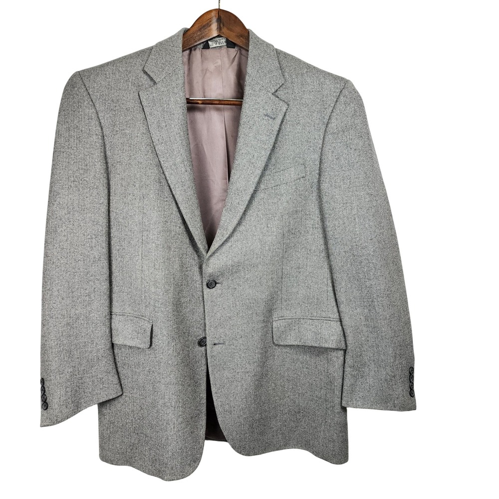 Jos A Bank Wool Sport Coat 44L Grey Herringbone Blazer Business Office Casual